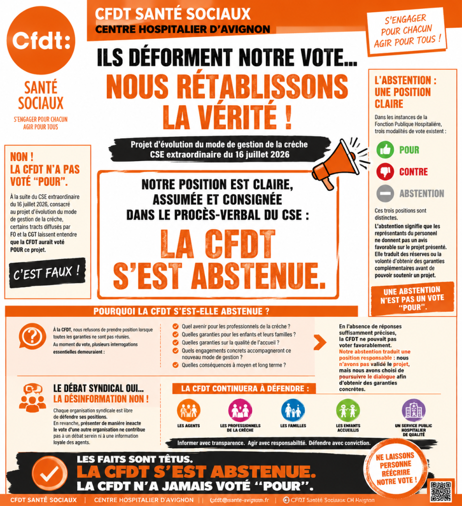 Tract expliquant la décision de la CFDT concernant la crèche de l'hôpital d'Avignon, lors du CSE extraordinaire du 16 Juillet.